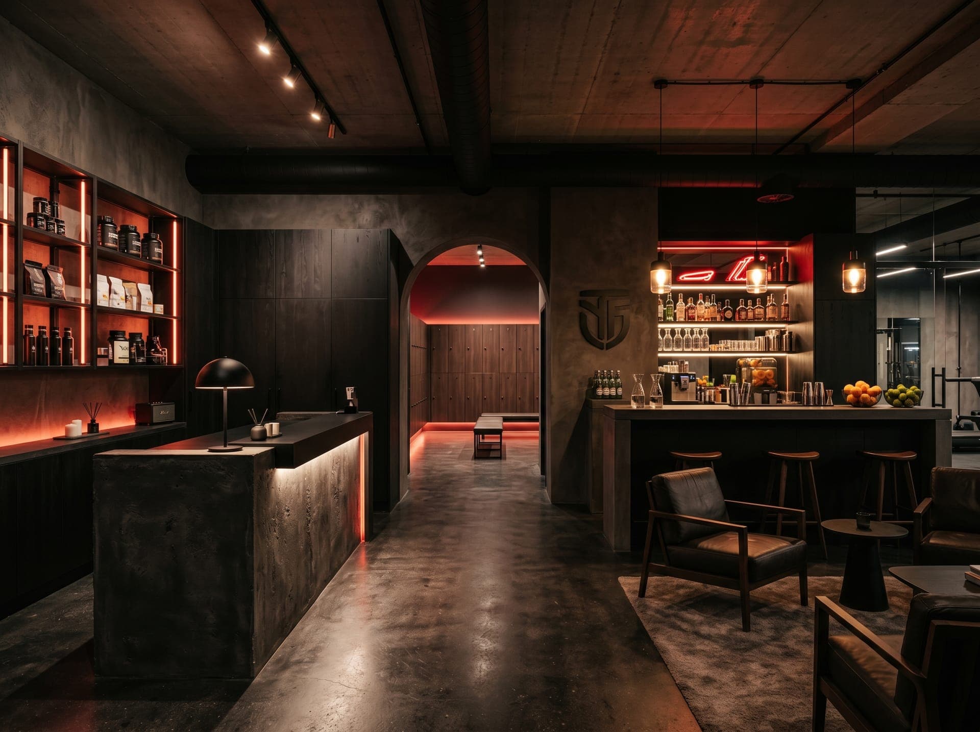 Bar de proteínas y zona de descanso del gimnasio