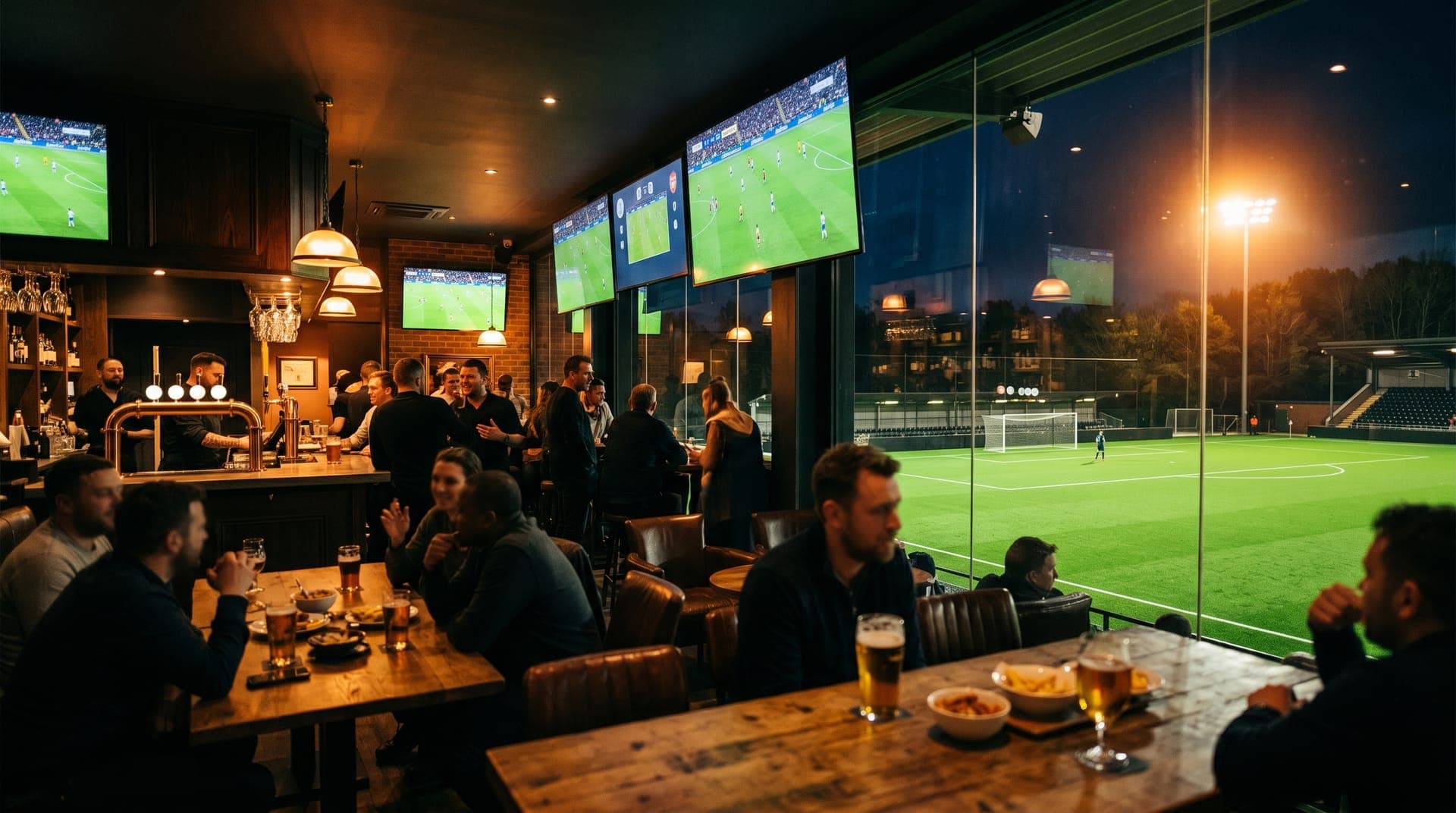 Lounge y café del club con vista a las canchas