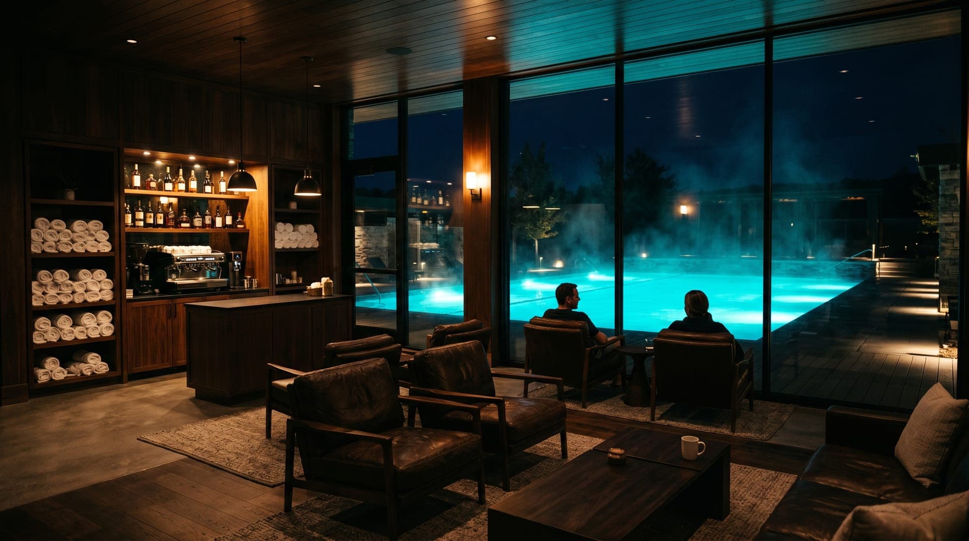 Lounge y café del club con vista a las albercas