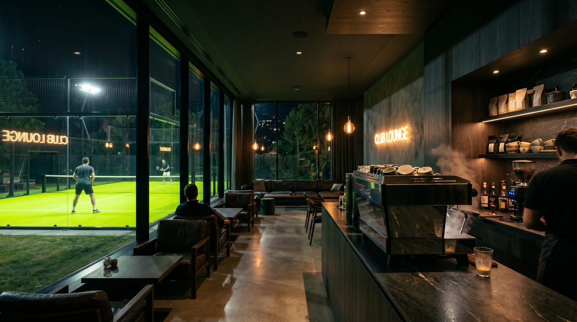 Lounge y café del club con vista a las canchas
